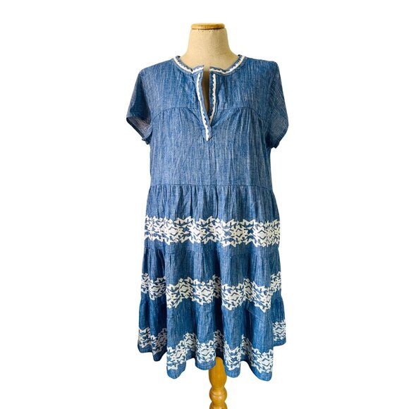Roller Rabbit Womens Sz Larga Blue & White Embroidered Cotton Tiered Dress - Picture 1 of 9